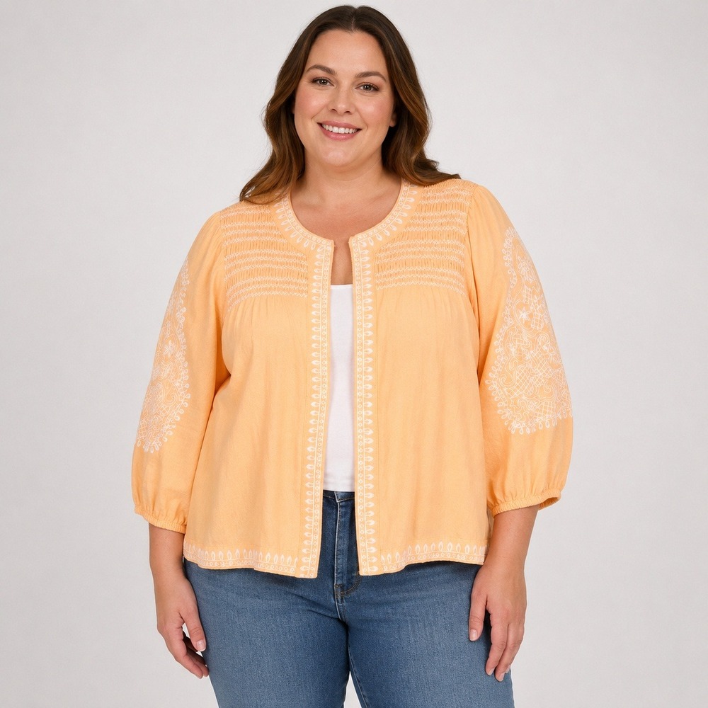 Beautiful by Lawrence Zarian XL Peach Linen Blend Embroidered Open Front‎ Jacket